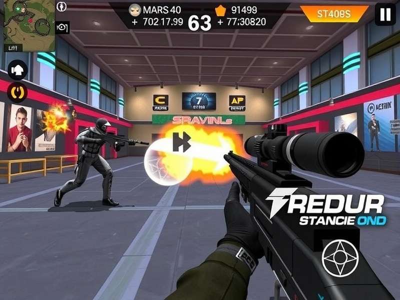 FPS Strike Ops Modern Arena gameplay screenshot showing intense combat in an urban map
