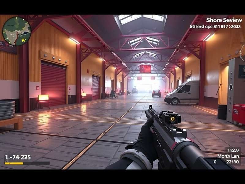 FPS Strike Ops Modern Arena 2025 gameplay screenshot showing intense combat in a futuristic urban map