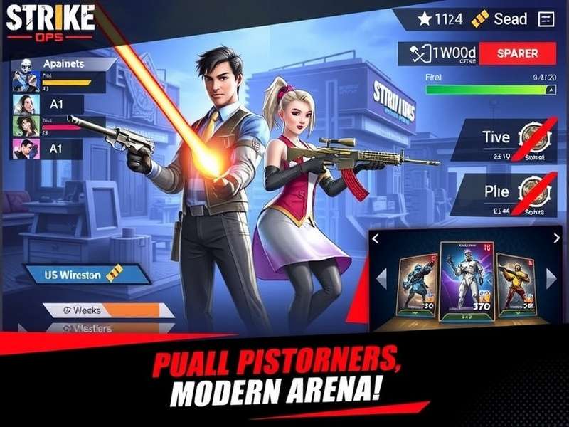 FPS Strike Ops Modern Arena Mod Apk gameplay screenshot showing advanced weapons and UI