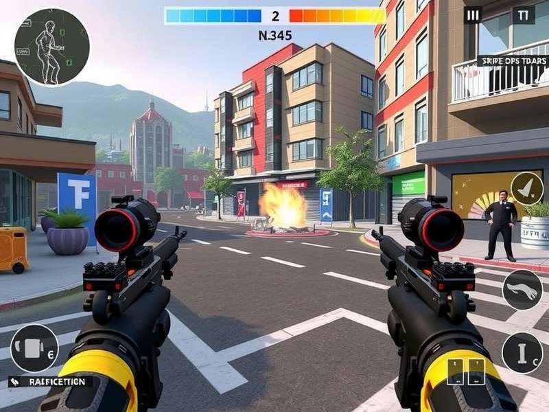 FPS Strike Ops Modern Arena gameplay screenshot showing intense combat in a futuristic arena