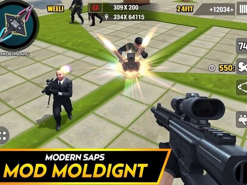FPS Strike Ops Modern Arena Mod Menu gameplay screenshot showing mod features like unlimited money and aimbot in action on Indian mobile devices