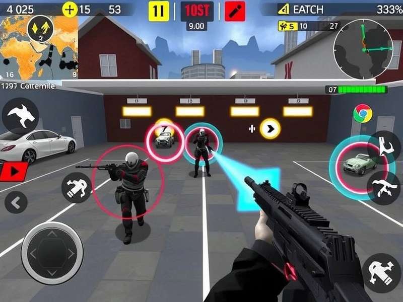Fps Strike Ops Modern Arena Mod Apk gameplay screenshot showing action in a modern urban map with HUD elements